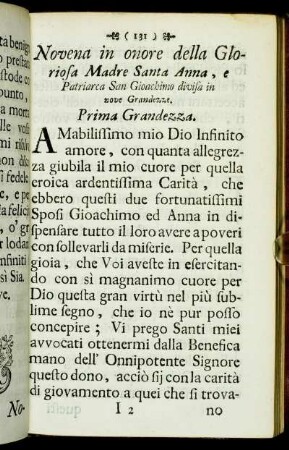 Novena in onore della Gloriosa Madre Santa Anna, e Patriarca San Gioachimo divisa in nove Grandezze. - Ottavario del Glorioso San Francesco di Sales.