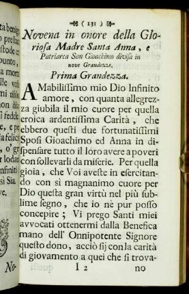 Novena in onore della Gloriosa Madre Santa Anna, e Patriarca San Gioachimo divisa in nove Grandezze. - Ottavario del Glorioso San Francesco di Sales.