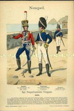 Uniformdarstellung, Chevauleger-Kapitän, Leutnant der Infanterie, Gardist der Garde du Corps, Königreich Neapel, 1821.