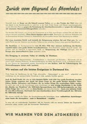 Zurück vom Abgrund des Atomtodes! Wir warnen vor dem Atomkrieg!