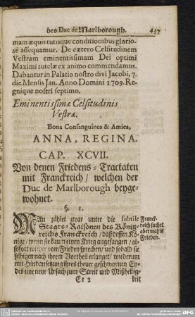 Cap. XCVII. Von denen Friedens-Tractaten mit Franckreich, welchen der Duc de Marlborough beygewohnet