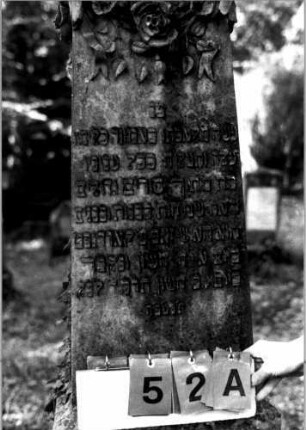 Grabstein 52 (Index: 100109286) Material: Sandstein oder Marmor (?), Sockel Kalkstein Zustand: leicht verwittert Maße HxBxT: 183x46x46 cm Beschreibung: Obelisk, getreppter Sockel Symbolik: Blumengirlande Steinmetz: Beerli, Mammern Besonderheit: Nummer auf Rückseite: 150: Grabstein 52A
