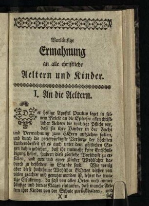 Vorläufige Ermahnung an alle christliche Aeltern und Kinder