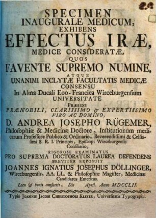 Specimen Inaugurale Medicum, Exhibens Effectus Irae, Medice Consideratae