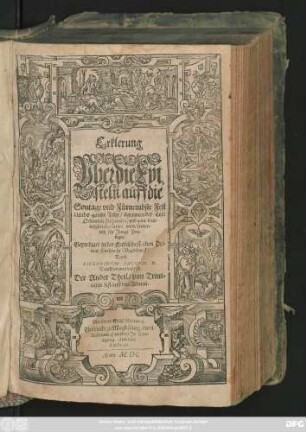 Erklerung || Vber die Epi=||steln auff die || Sontage vnd Fürnembste Fest || durchs gantze Jahr/ darinnen der Text || Ordentlich Disponirt, vnd zum deut=||lichsten declarirt wird/ sonder=||lich für Junge Pre=||diger.|| Geprediget in der Ertzbischofflichen Pri=||mat Kirchen zu Magdeburgk:|| Durch || SIEGFRIDVM SACCVM D.|| Dom=Predigern daselbst.|| Der Ander Theil/ von Trini=||tatis biß auff den Aduent.||