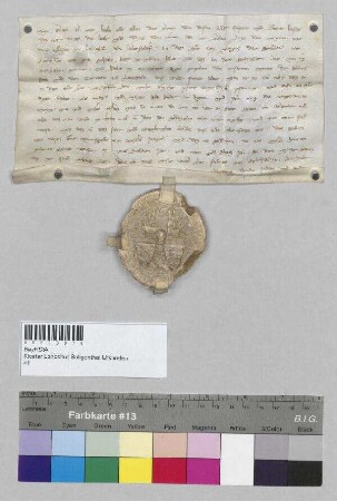 Graf Albrecht von Hals beurkundet, dass er dem Kloster Seligenthal ein Gut, das bei dem Schreckhart liegt, zu Eigen gegeben hat. S: Albrecht, Graf von Hals