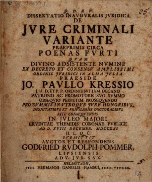 Diss. inaug. iur. de iure criminali variante, praeprimis circa poenas furti