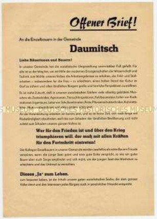 Flugblatt mit dem Wortlaut eines "Offenem Briefes" der LPG Daumitsch an Einzelbauern zum Eintritt in die LPG