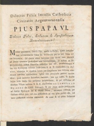 Dilectis Filiis Incolis Catholicis Civitatis Argentoratensis Pius Papa VI.