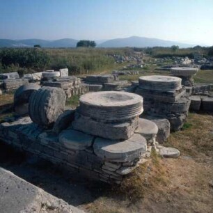 Samos. Heraion. Spiren und Innensäulenkapitelle vom Rhoikos-Tempel, wiederverwendet in den Fundamenten des spätarchaischen Hera-Tempels
