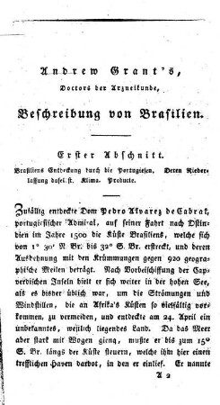 Entdeckung Brasilien?s durch die Portugiesen und ihre Niederlassung in demselben. - Klima. - Producte. - Thiere, u. s. f.