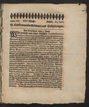 Anno 1665. XXIV. Woche. Stück 3. No. XCV.