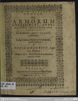 Oratio de armorum necessitate, apprimè verò priscorum praerogativa