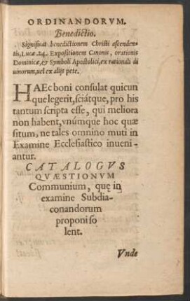 Catalogus Quaestionum Communium, quae in examine Subdiaconandorum proponi solent.