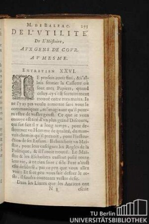 De L'Vtilite De L'Histoire, Avx Gens De Covr. Av Mesme. Entretien XXVI.