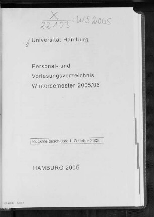 WS 2005/06: Personal- und Vorlesungsverzeichnis // Hamburgische Universität