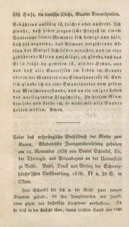 358-364 [Rezension] Schenkel, Daniel, Über das ursprüngliche Verhältniss der Kirche zum Kanon