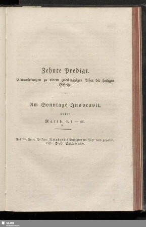 Zehnte Predigt. Ermunterungen zu einem zweckmäßigen Lesen der heiligen Schrift