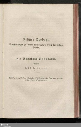 Zehnte Predigt. Ermunterungen zu einem zweckmäßigen Lesen der heiligen Schrift