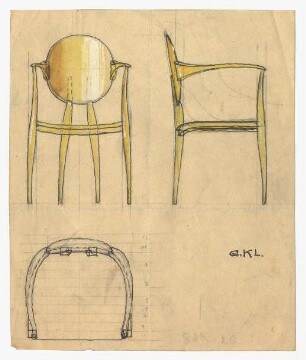 Entwurf eines Sitzmöbels : Vorder-, Seiten- und Draufsicht eines Stuhles mit Armlehne; signiert; maßangaben an der Draufsicht