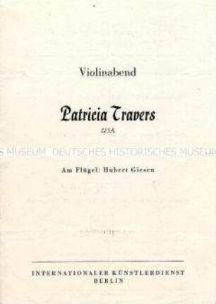 Programmzettel zu einem Violinabend mit Patricia Travers