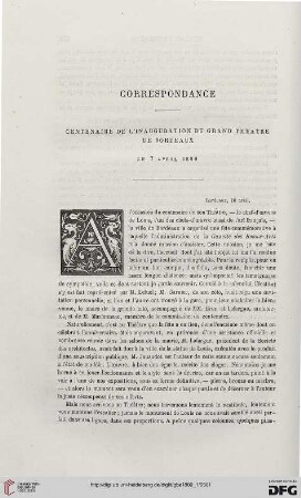 2. Pér. 21.1880: Correspondance : centenaire de l'inauguration du Grand théatre de Bordeaux le 7 avril 1880