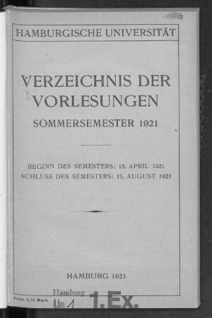 SS 1921: Verzeichnis der Vorlesungen // Hamburgische Universität