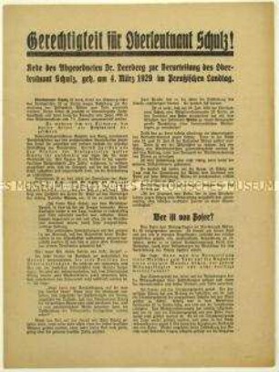 Flugschrift mit einer Rede des deutschnationalen Politikers Friedrich Deerberg vom 4. März 1929 im preußischen Landtag zur Verurteilung des Oberleutnant Paul Schulz