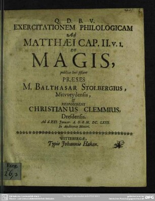Exercitationem Philologicam Ad Matthaei Cap. II. v. 1. De Magis