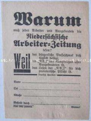 Handzettel mit Werbung für ein Abonnement der "Niedersächsischen Arbeiter-Zeitung"
