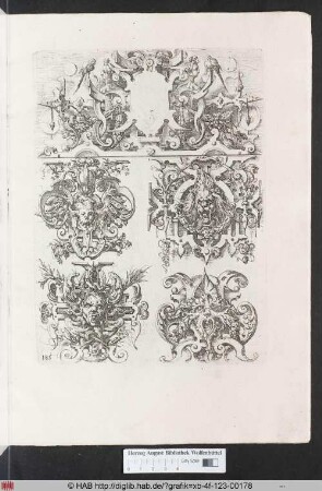 [Leere Kartusche und vier Masken-Dekorationen. Band V.]