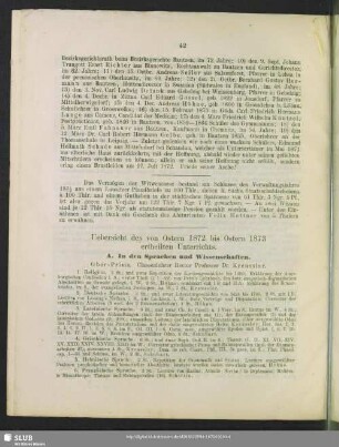 Uebersicht des von Ostern 1872 bis Ostern 1873 ertheilten Unterrichts