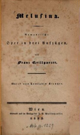 Melusina : romantische Oper in drei Aufzügen