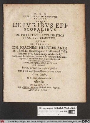Exercitatio De Episcopis Altera, In Qua De Iuribus Episcopalibus Seu De Potestate Ecclesiastica Praecipue Tractatur