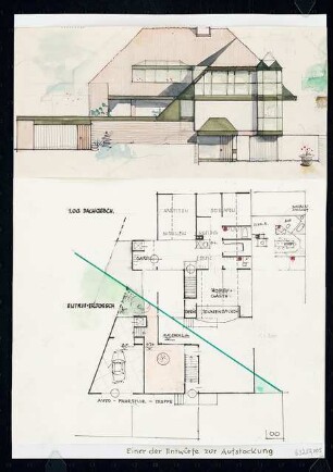 Villa des Architekten Erbacher Straße 7a, Berlin-Grunewald Aufstockungsentwürfe: Grundrisse und Ansicht 1:200