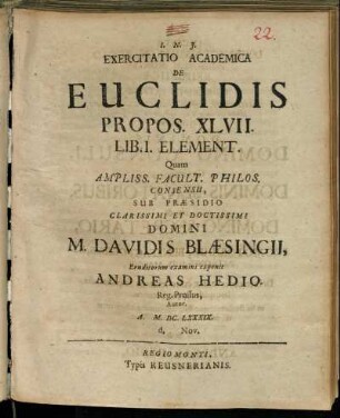 Exercitatio Academica De Euclidis Propos. XLVII. Lib. I. Element.