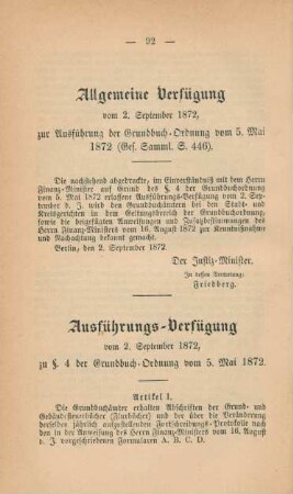 Allgemeine Verfügung vom 2. September 1872, zur Ausführung der Grundbuch-Ordnung vom 5. Mai 1872