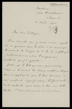 Nr. 2: Brief von Octave Callandreau an Felix Klein, Vouthon (par Montbron) Charente, 13.8.1902