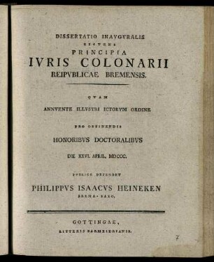 Dissertatio Inavgvralis Sistens Principia Ivris Colonarii Reipvblicae Bremensis