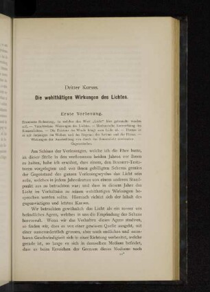 Dritter Kursus. Die wohltätigen Wirkungen des Lichtes.
