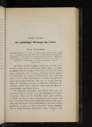 Dritter Kursus. Die wohltätigen Wirkungen des Lichtes.