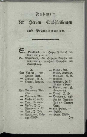 Nahmen der Herren Subskribenten und Pränumeranten.