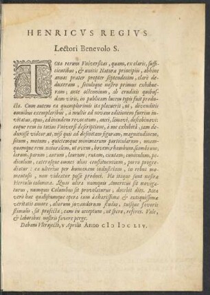 Henricvs Regivs Lectori Benevolo S.