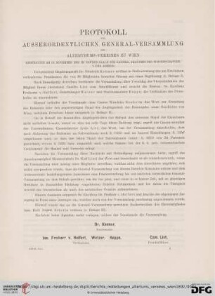 Protokoll der ausserordentlichen General-Versammlung des Alterthums-Vereines zu Wien