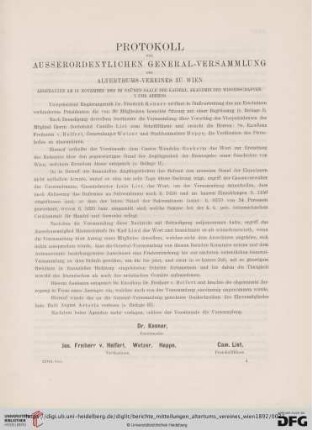 Protokoll der ausserordentlichen General-Versammlung des Alterthums-Vereines zu Wien