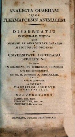 Analecta quaedam circa thermapoesin animalem : diss. inaug. med.