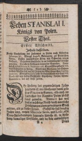 Leben Stanislai I. Königs von Polen. Erster Theil.