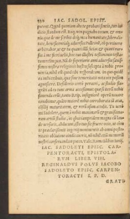 Iac. Sadoleti Episc. Carpentoracti, Epistolarum Liber VIII.