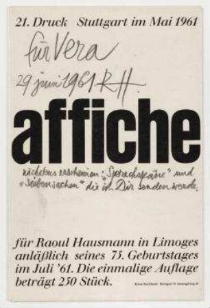affiche. für Raoul Hausmann in Limoges anläßlich seines 75. Geburtstages im Juli '61. Stuttgart, Mai 1961