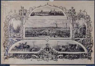Erinnerungsblatt an die Ausstellung der deutschen Ackerbaugesellschaft vermutlich 1865 in Dresden, fotografische Reproduktion einer kolorierten Federzeichnung mit Stadtsilhouette, Festplatz und Tieren